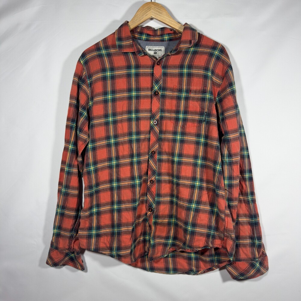 Billabong Plaid Flannel Button Up Shirt Orange‎ Green L